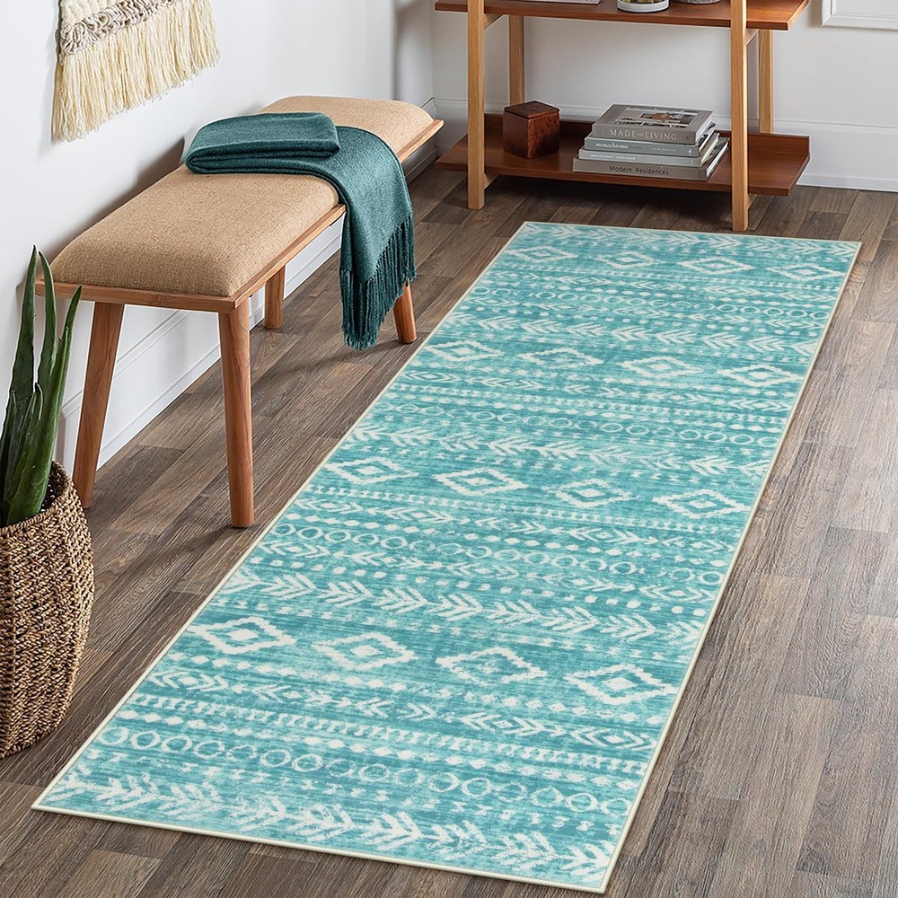 Lahome Boho Geometric Bathroom Runner Rug, 2×6 Teal 2′ x 6′, Teal/White
