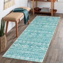 Lahome Boho Geometric Bathroom Runner Rug, 2×6 Teal 2′ x 6′, Teal/White