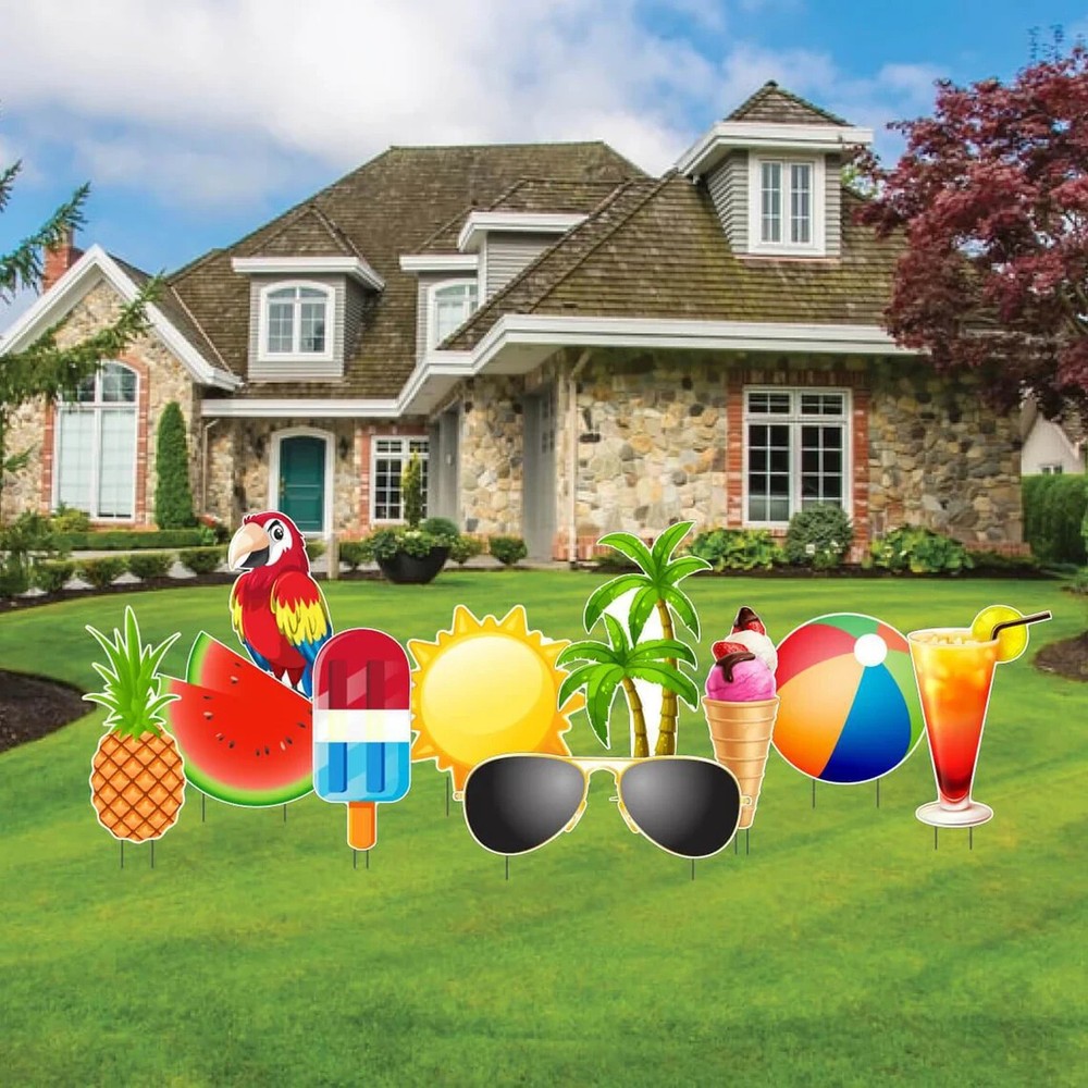 Summer Yard Cards, Summer Theme Accessories, 10pc Yard Sign Set, Inlcudes Stakes