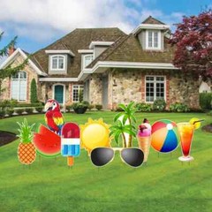 Summer Yard Cards, Summer Theme Accessories, 10pc Yard Sign Set, Inlcudes Stakes