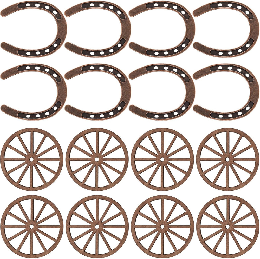 16Pcs Mini Horseshoes Wagon Wheel Decor, Lucky Western Theme Party Decorations w
