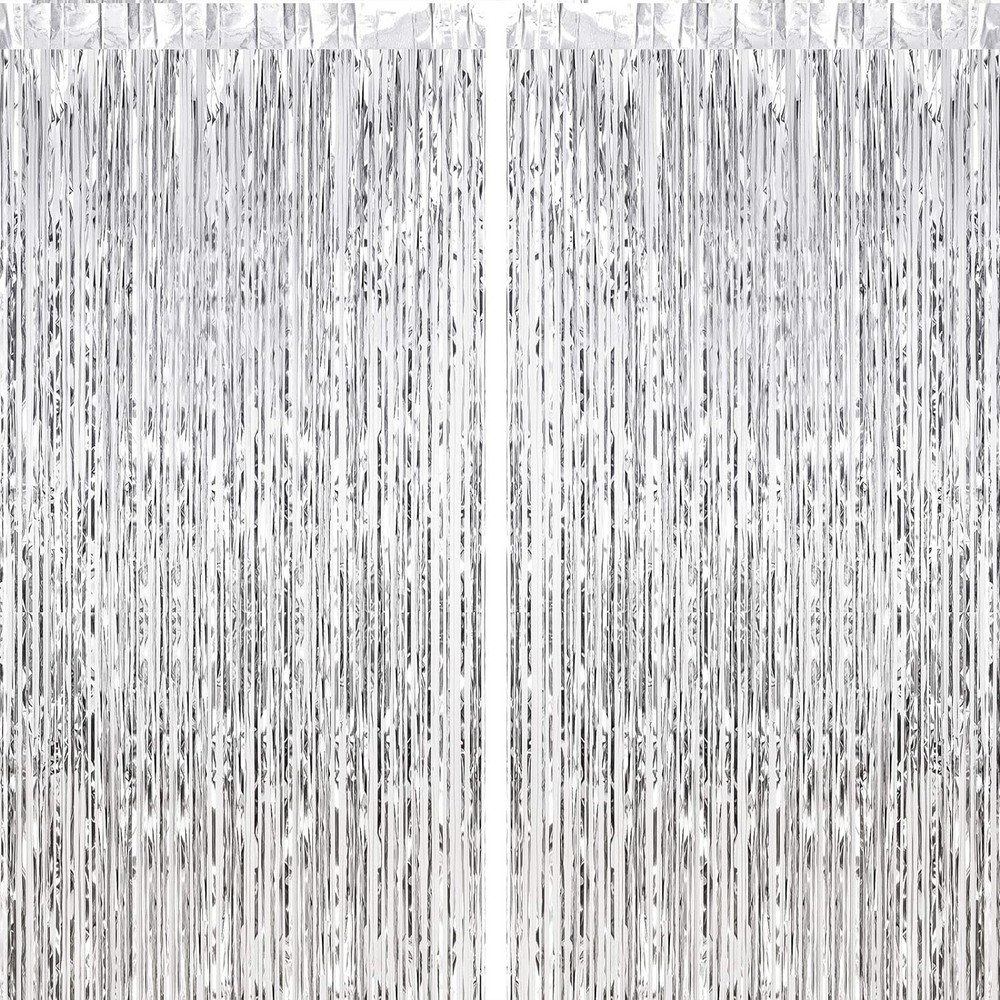 2pcs 3ft x 8.3ft Silver Tinsel Foil Fringe Curtains Streamers Backdrop for