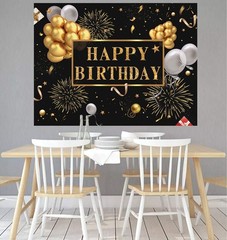 7x5ft Happy Birthday Backdrop Banner, Birthday Party Decor,Black Gold Poster Pho