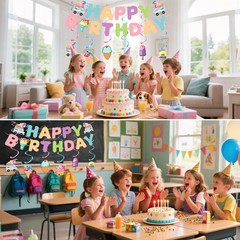 Birthday Decorations, Happy Birthday Banner Sign with Ice Cream Hanging Swirl…