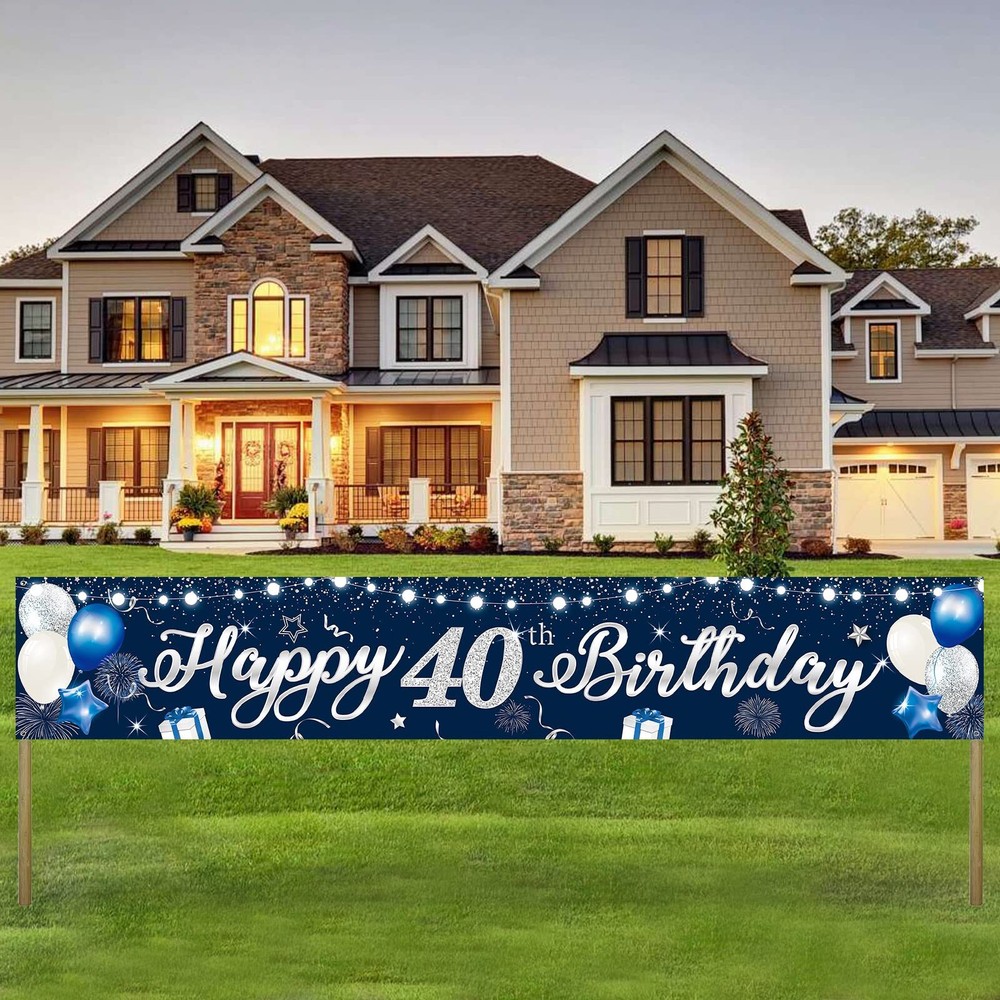 Domgoge Happy 40th Birthday Decoration Banner Large Blue and Silver Happy 40