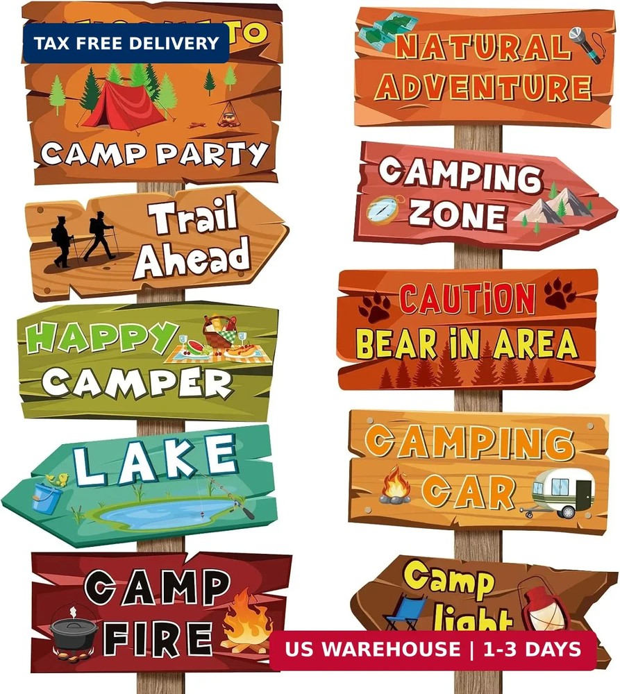 Hooqict 20 Pieces Camping Themed Party Decorations Camping Party Directional Sig