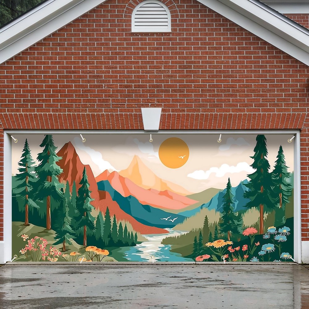 7×16 FT Mountain Sunrise Garage Door Banner – Forest River Landscape Art, Lar…