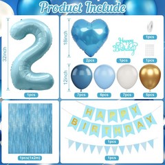 2nd Birthday Decorations Blue White Gold, 25pcs Balloons, Banner, Blue 2nd