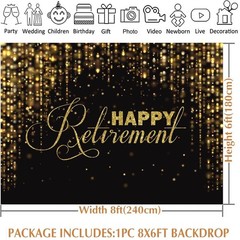 8x6ft Happy Retirement Backdrop – Black & Gold Photo Background for Party Decor