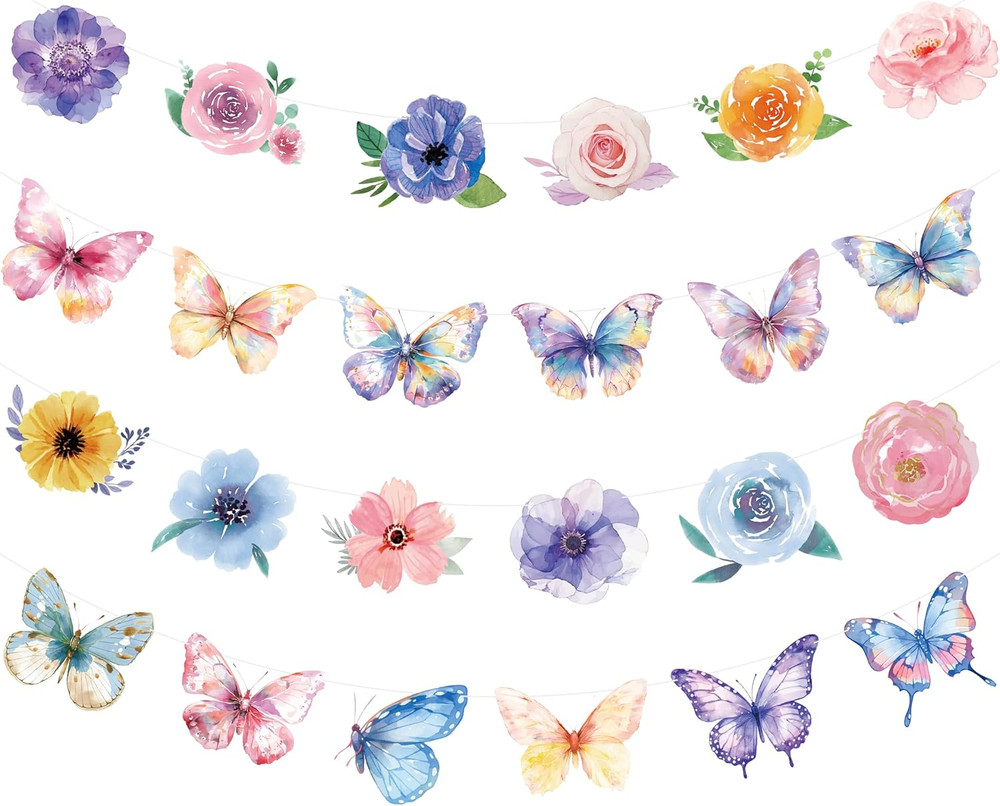 2PCS Flower Butterfly Garland, Floral Butterfly Party Decorations Vintage Wildfl