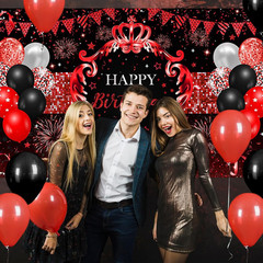 Red and Black Birthday Backdrop Glitter Red Banner for Women Girls Birthday Part