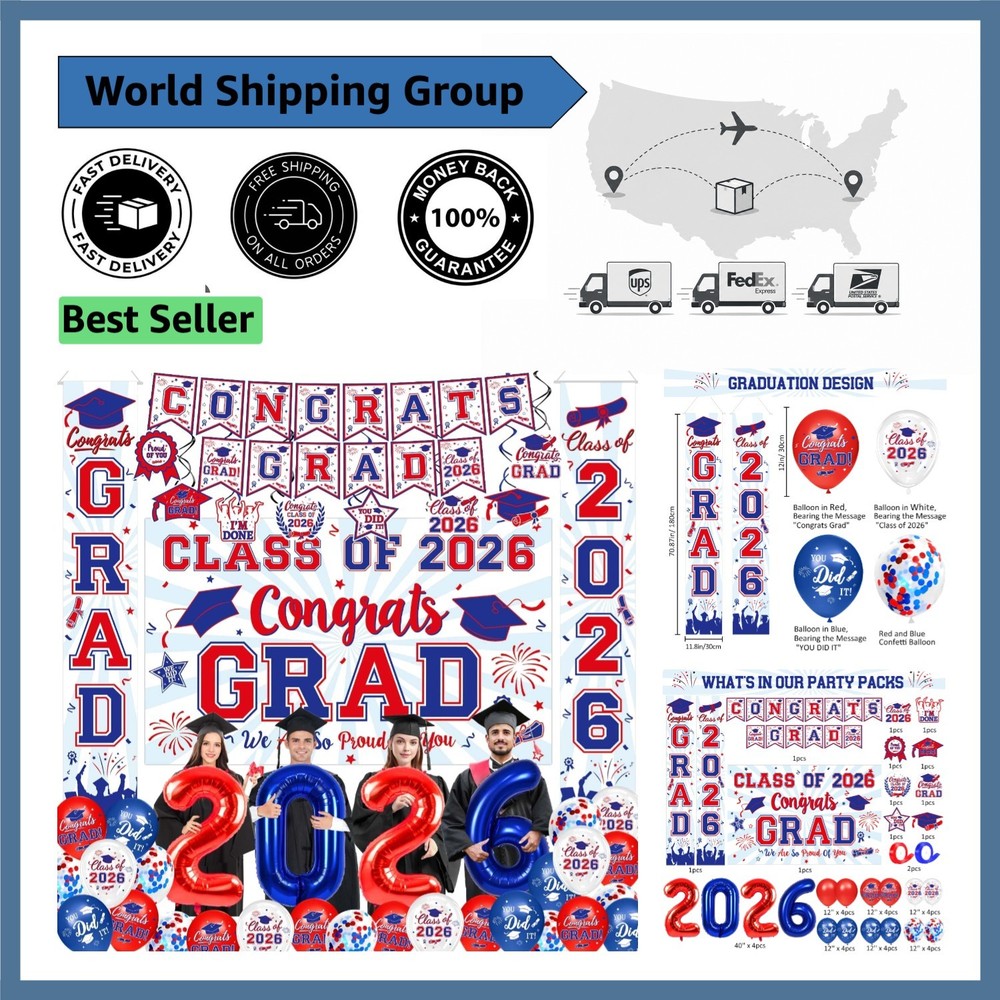 Elegant Red & Blue 2026 Graduation Decor: Banners, Balloons, and Backdrops