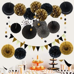 Stunning 21 Pcs Paper Fan & Pom Poms Set in Black & Gold for Memorable Events