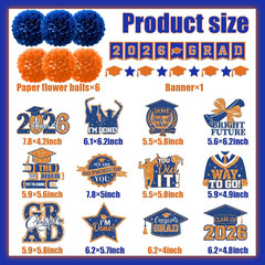 Orange and Blue Graduation Decorations, Grad Banner and Congrats Grad Hanging Sw
