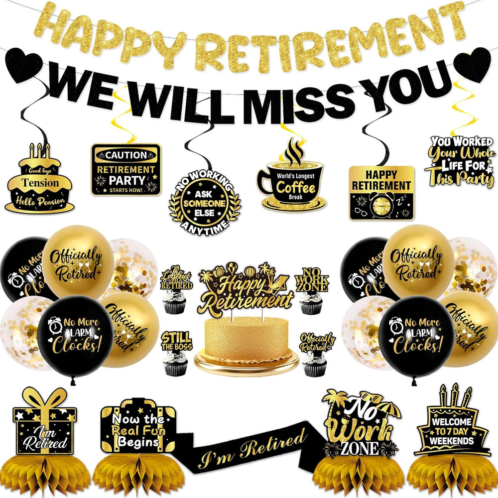 Retirement Party Decorations Men Women, Black Gold Happy Retirement Decorations,
