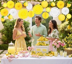 22pcs Summer Lemon Party Decorations – Yellow Hanging Paper Fans, Pom Poms, L…