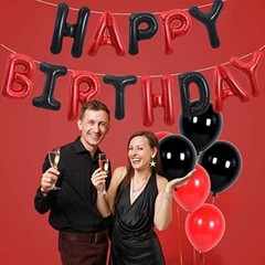 Happy Birthday Balloons Banner with ribbon straw, 16 Inch Mylar Black Red