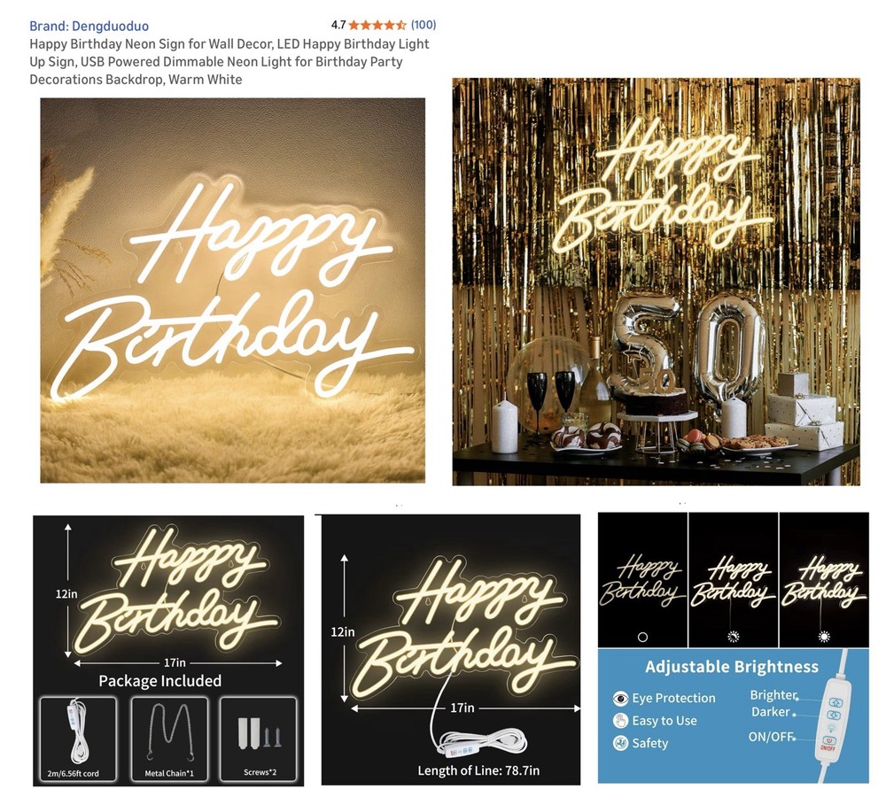 Dengduoduo LED Party Backdrop Birthday Neon Sign Warm White Plastic Decor