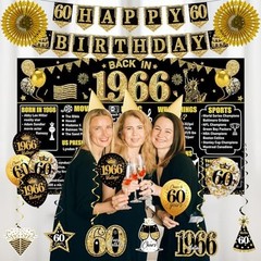 60th Birthday Decorations Kit – 24PCS Black Gold Vintage 1966 Banner, Balloons &