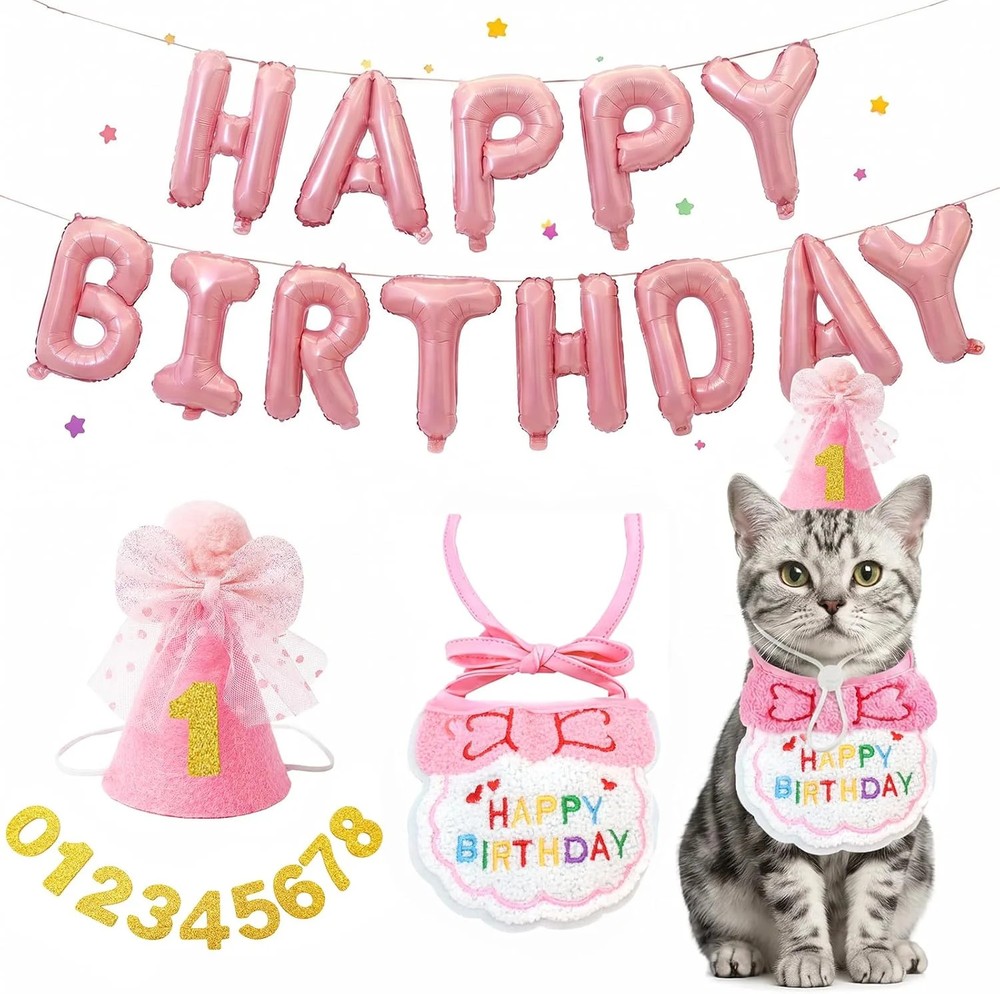 Tensho Cat B-Day Party Kit with Pink Hat, Bandana, Bowtie, Balloon & Banner | Nu