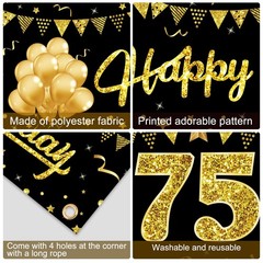 Happy 75th Birthday Banner Decorations for 73 inches by 16 inches, black gold