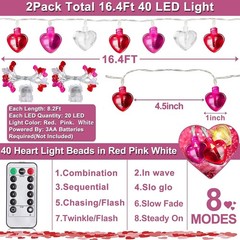 2 Pack Valentines Day Decorations Total 16.4FT 40 LED Red Pink White Heart Strin