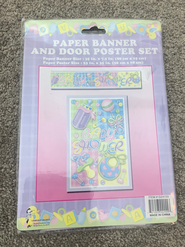 New in package Baby Shower 35 Inch banner And 23 Inch Poster Bottle Bib Rattle