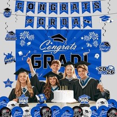 2026 Graduation Decorations Set – Blue Congrats Grad Banner, Backdrop, Balloons