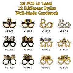 Turypaty 24PCS 80th Birthday Paper Glasses Black Gold Photo Props 1946