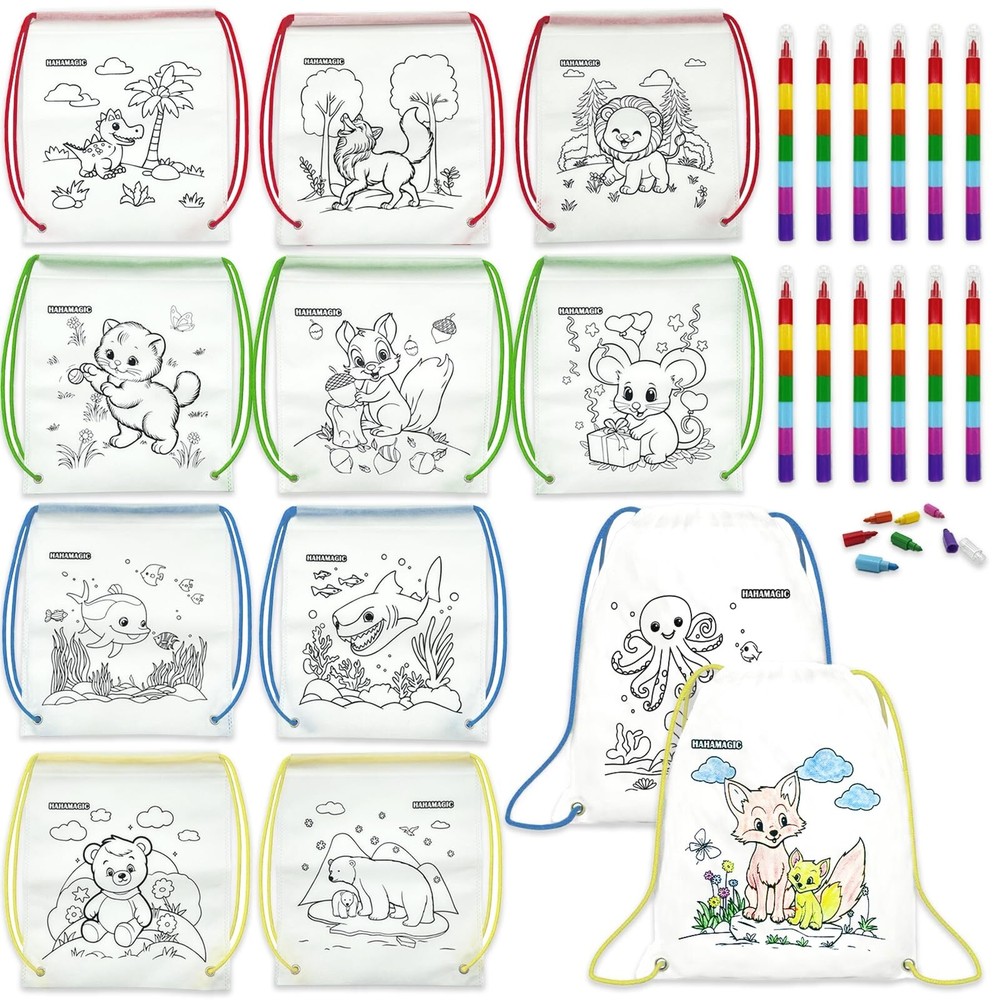 12 PCS colorable drawstring backpack for kids with 12 stackable crayons (7 co…