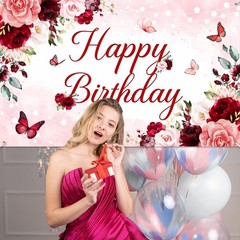 Avezano Floral Happy Birthday Banner for Women Girls Rose Gold 6×3.6ft, Pink