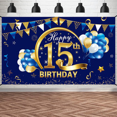 Blue Gold 15Th Birthday Banner Decorations for Boy – Backdrop Party Supplies – 1
