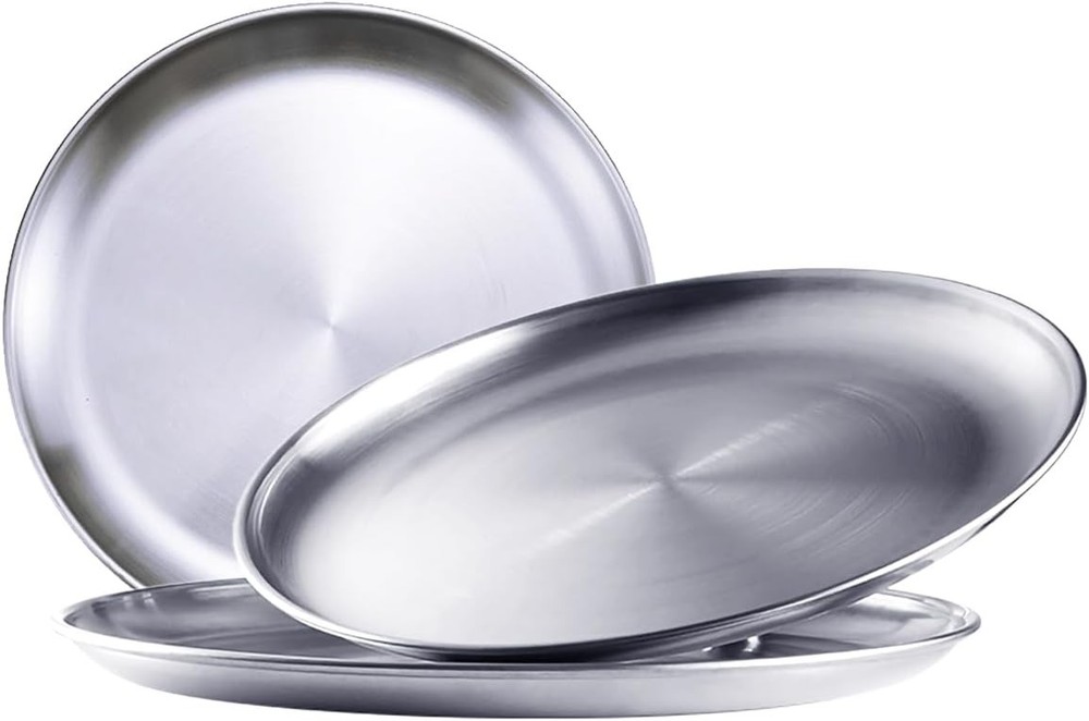 Stainless Steel Plates,3Pcs 8Inch Dinner Dishes Plates 8 inches, 3pcs Silver