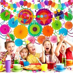 Party Decorations Set, Multi-Color Paper Fans Garland Pom Poms Swirls, Fiesta