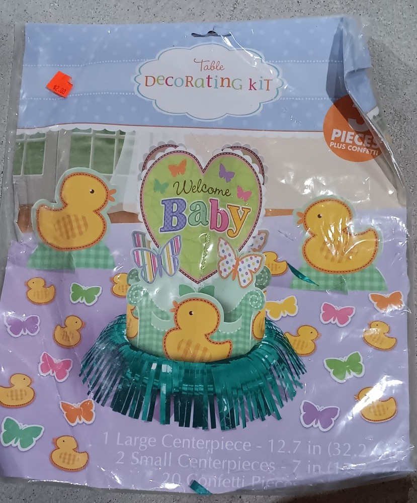 Baby Shower Table Decorating Kit Gender Neutral MultiColor Ducks 3pcs + Confetti