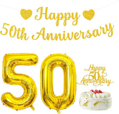 50th Anniversary Party Decorations Includes Gold Glitter Banner,Cake Topper,32-I