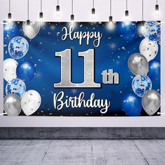 Happy 11Th Birthday Decorations,11Th Blue & Silver Balloon Large Birthday Banner