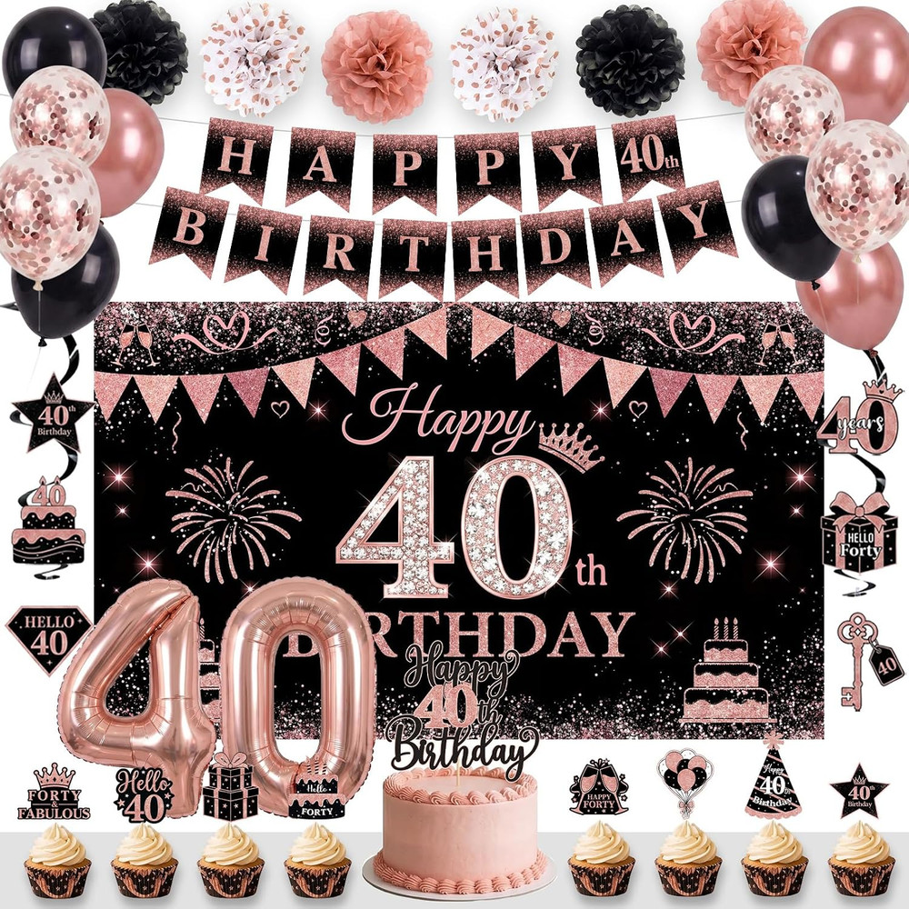 40Th Birthday Decorations for Women, 34PCS Black Rose Gold Birthday Banner Party