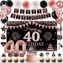 40Th Birthday Decorations for Women, 34PCS Black Rose Gold Birthday Banner Party
