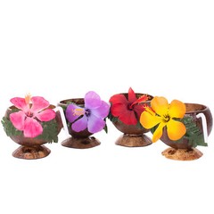 Luau 4 Person Coconut Cup, Pick & Stirrer 16pc Party Drinkware Pack, Brown Multi
