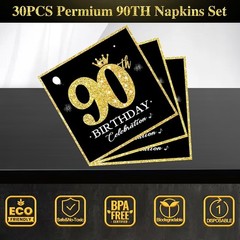 Elegant 90th Birthday Decorations, Black Gold Disposable Plates & Napkins for 30