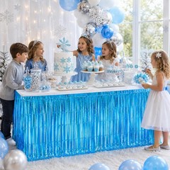 Light Blue Foil Fringe Table Skirt, 2-Pack Disposable Metallic Tinsel Streamers,