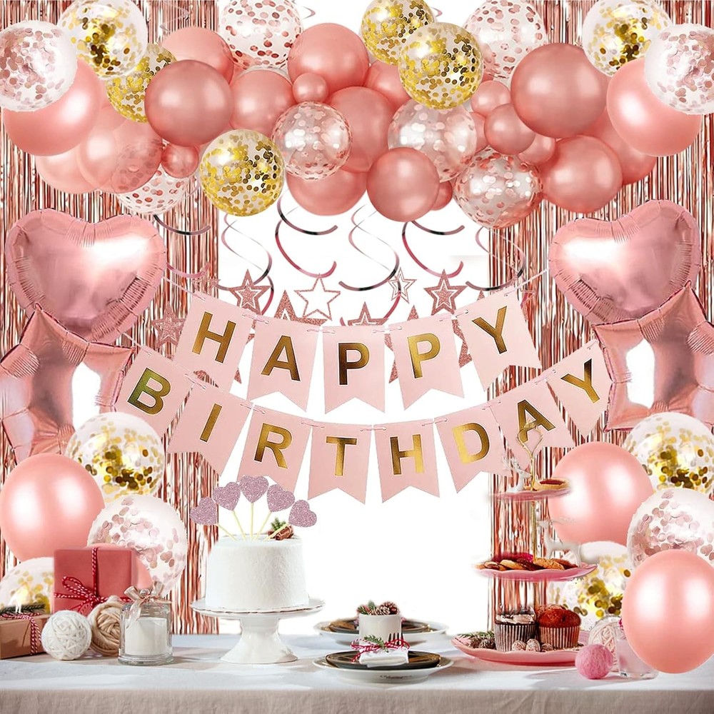 Rose Gold Birthday Party Decorations Banner Fringe Curtain Set