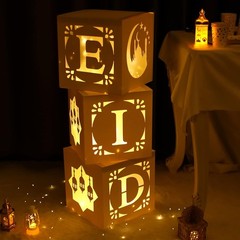 3 Pcs Eid Mubarak Decoration Boxes with LED Lights Ramadan Party Decor White