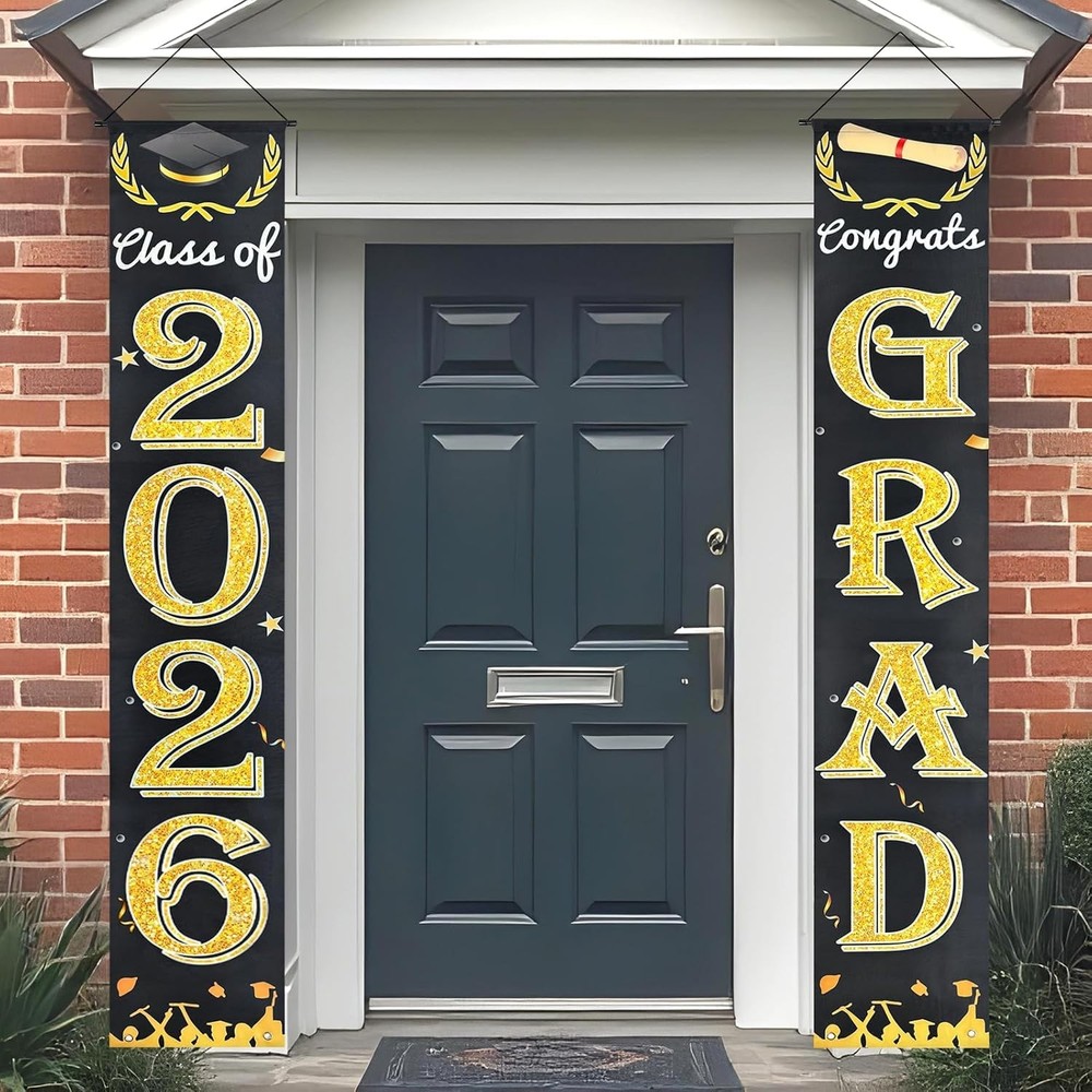 Black Gold Graduation Decorations Class of 2026 Congrats Grad Banner Grad Por…