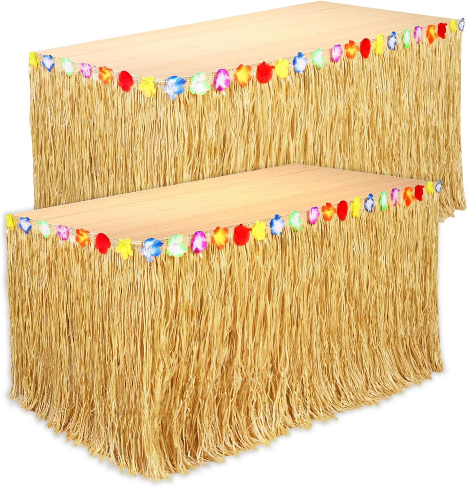 2 Pack Luau Table Skirts Tropical Hawaiian Party Decoration Grass Cover Set