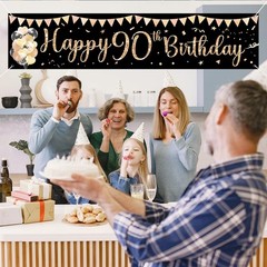 Happy 90th Birthday Banner Sign Black Gold Glitter 90 Years Old Birthday Party H
