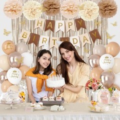 Complete Elegant Birthday Decorations – Neutral Balloons, Banners & Pompoms