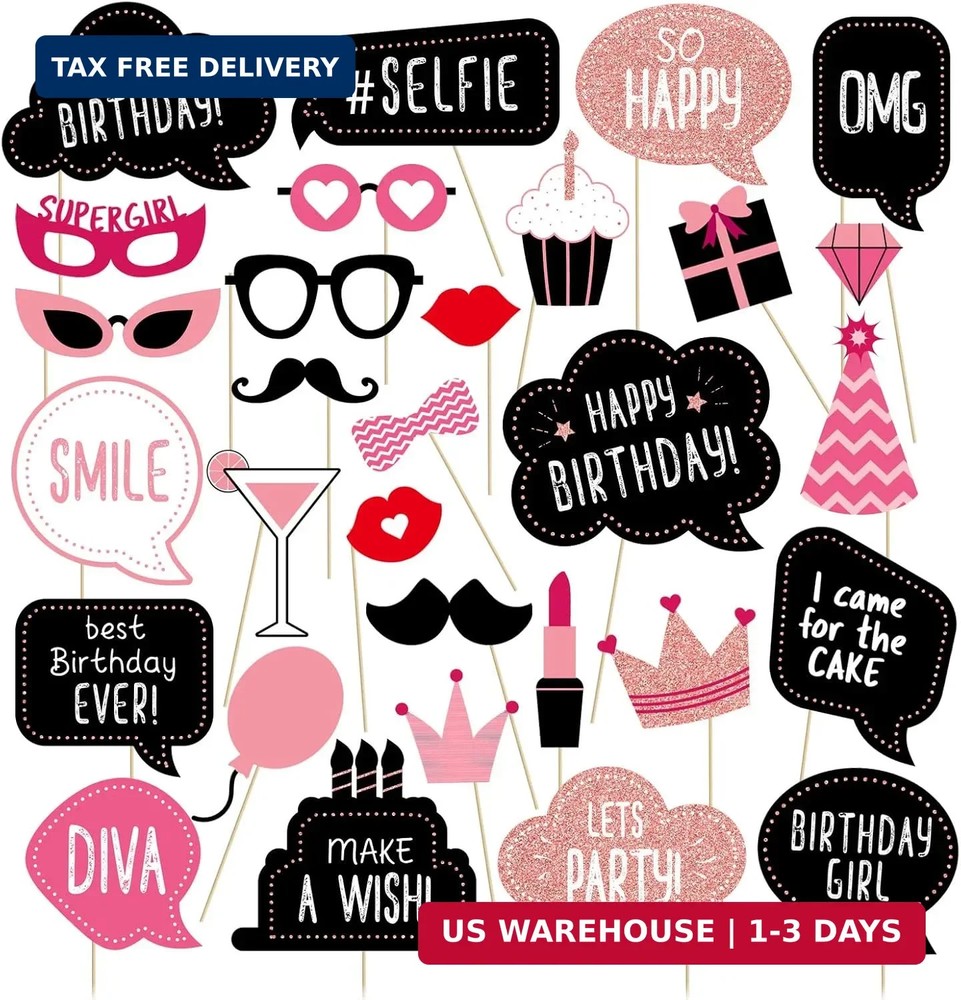 Birthday Photo Booth Props Kit – Happy Birthday Party Favors Supplies Bday Party