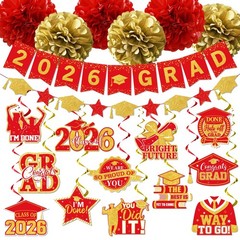 Red and Gold Graduation Decorations, 2026 Grad Banner Congrats Red&gold